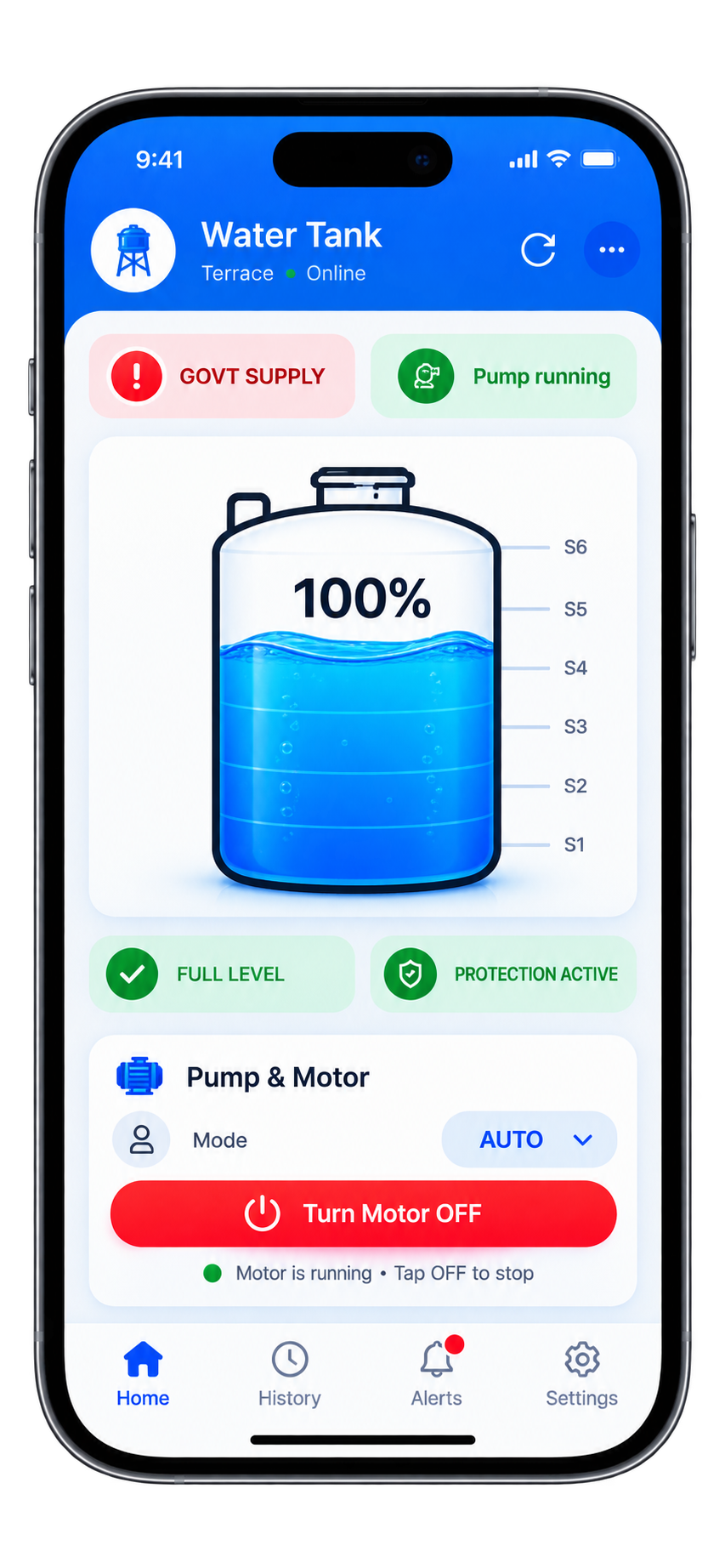 ENVOTECH app interface showing tank level and pump status
